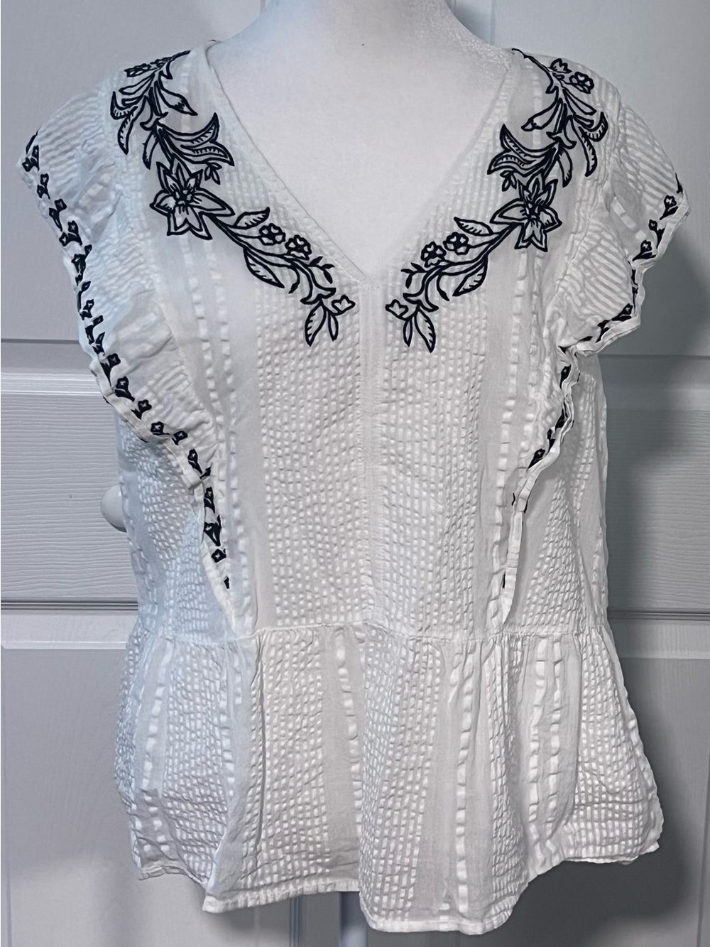 LOFT White V-Neck Peplum Top with Black Floral Embroidery